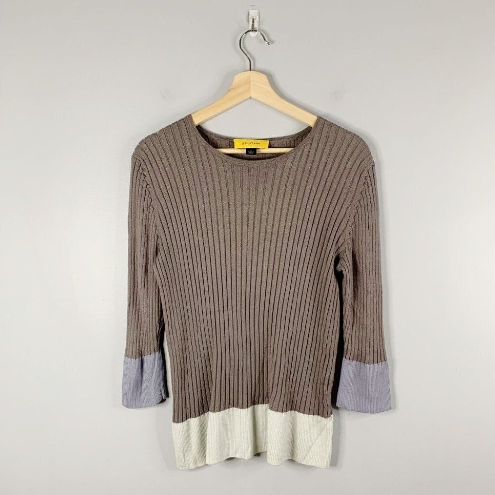 St. John Womens Wool Rayon Brown Minimalist Ribbed Knit Scoop Neck Sweater Top L